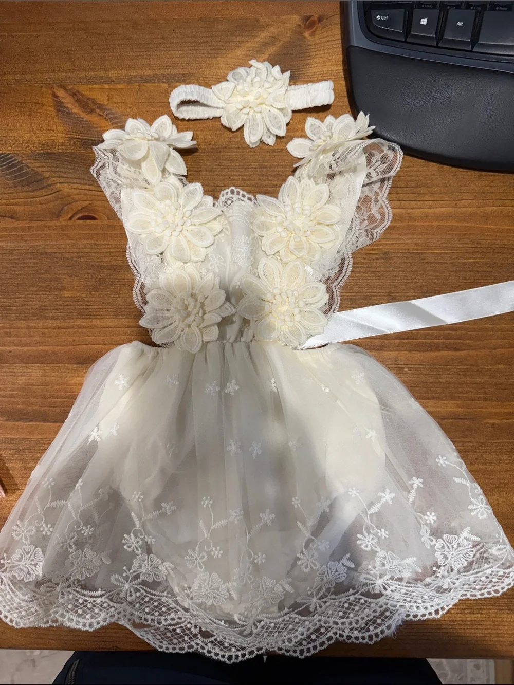 Girls Floral Lace Party Dress - Pink & Cream